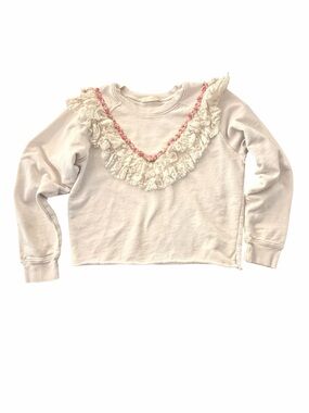 LoveShackFancy White Distressed Ruffle Sweatshirt Pink Rosette Trim One Size